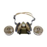 Adventure-ready organic gas mask with 2 filters and neck strap.