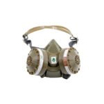 Organic gas mask with 2 filters and neck strap in army green.
