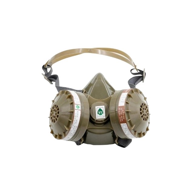 Organic gas mask with 2 filters and neck strap in army green.