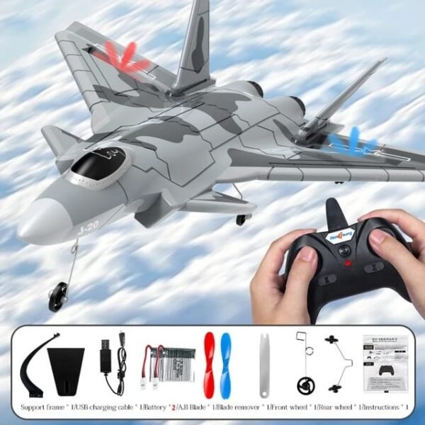 All-inclusive RC Jet Kit: Remote, Accessories, Battery, Charging Cable, Manual.