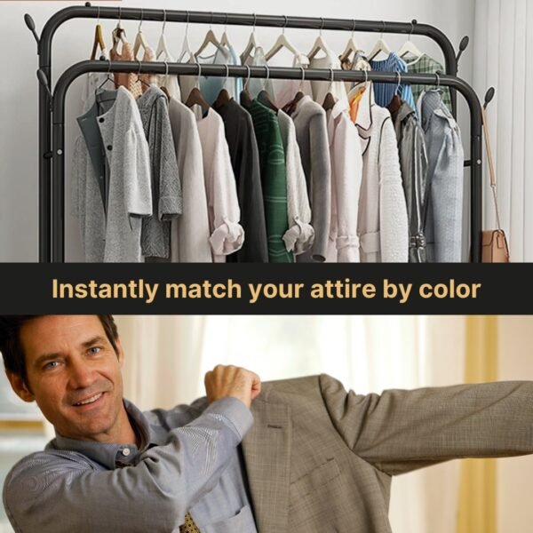 Double steel cloth rack for instant color-coordinated attire.