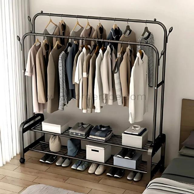 Black modern double rod clothing rack with 2 rods and shelves — perfect for small bedroom storage.