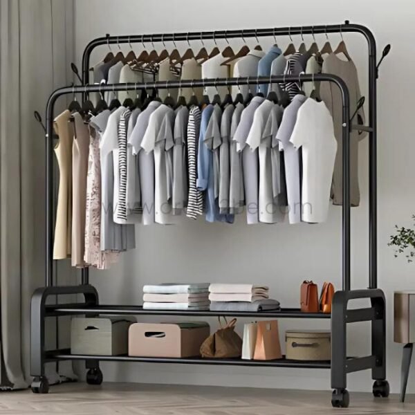 Double rod rack neatly organized with hanging clothes, folded items, and storage boxes.