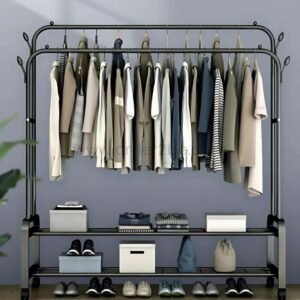 Modern Double Rod Clothing Rack with Wheels – 48kg Capacity & 2 Shoe Shelves for Small Spaces