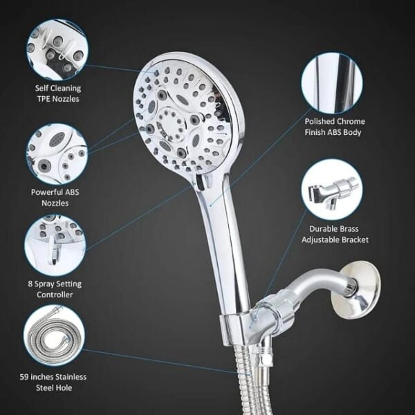 Powerful ABS Nozzles, 3-Spray Settings, Polished Chrome Finish – Proper Home Shower Head.