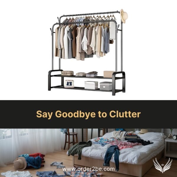 Clutter-free living: Embrace our double steel cloth rack with movable wheels and shelves.