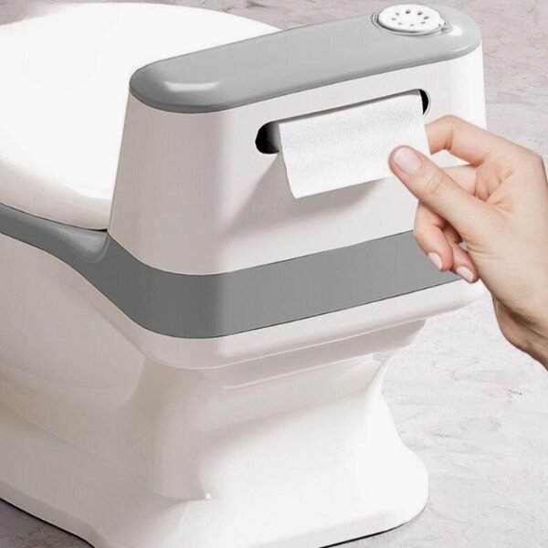 Toilet training potty seat with lifelike design, flushing sound, and back-mounted toilet paper dispenser.