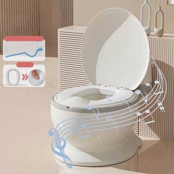 Toilet training potty seat with lifelike design and flushing sound.