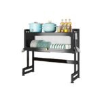 Black steel 2-layer dish drying rack holding pots and knives.