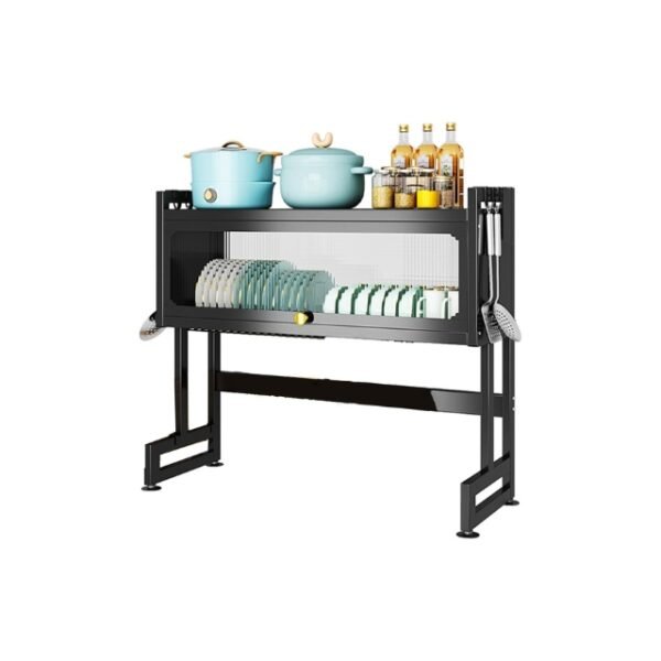 Black steel 2-layer dish drying rack holding pots and knives.