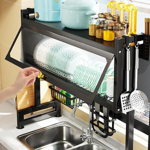 Waterproof and dustproof 2-layer dish drying rack with opening door.