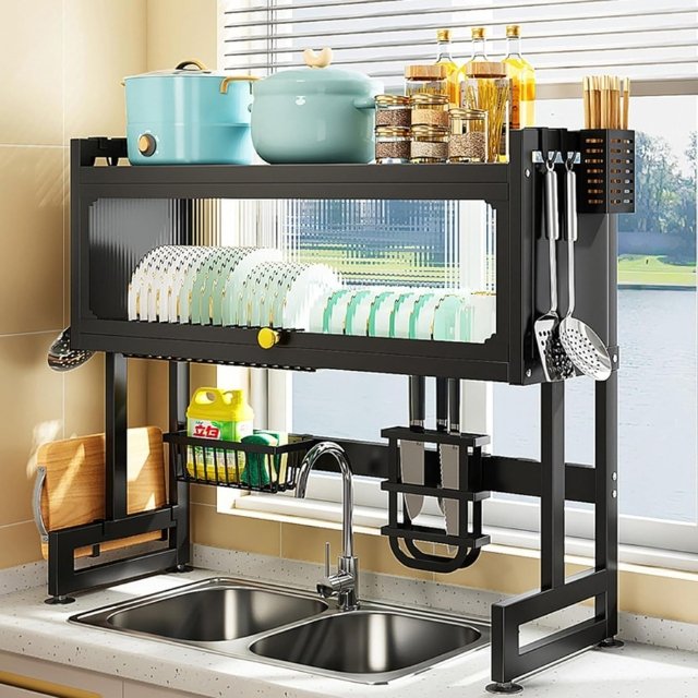 2-layer dish drying rack over kitchen sink with utensils and pots.