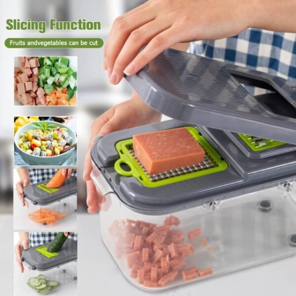 22-Piece vegetable slicer slicing meat.