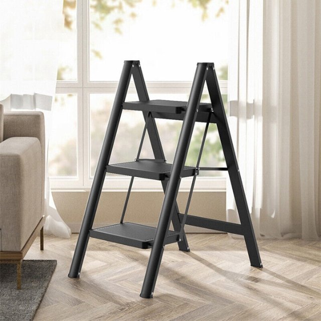 Durable steel 3-step ladder for household tasks.