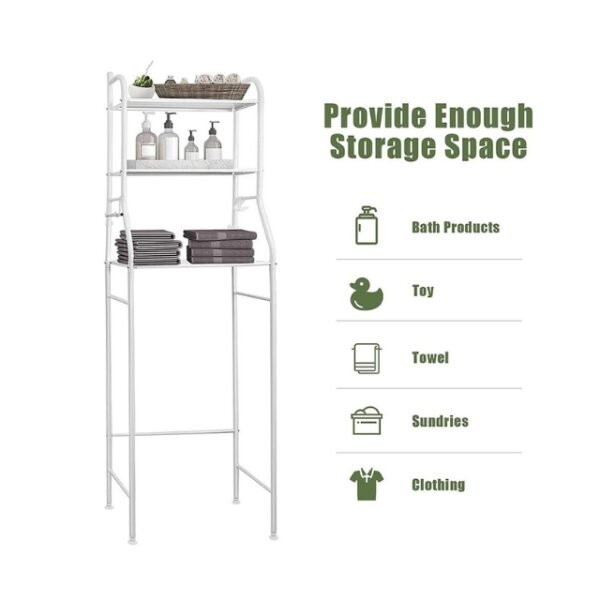 Spacious 3-tier shelf accommodating bath products, toys, towels, and more.