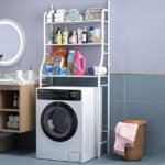 Adjustable 3-tier washing machine storage shelf, durable carbon steel with height customization.
