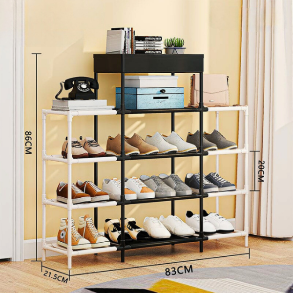 Compact 4-layer shoe stand with 86 x 83 cm measurements.