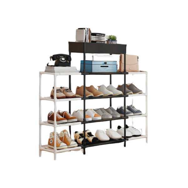 Stylish 4-layer shoe stand with black and white sections.