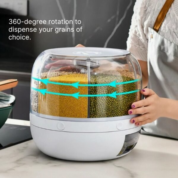 Convenient 360° rotation cereal and grain dispenser.