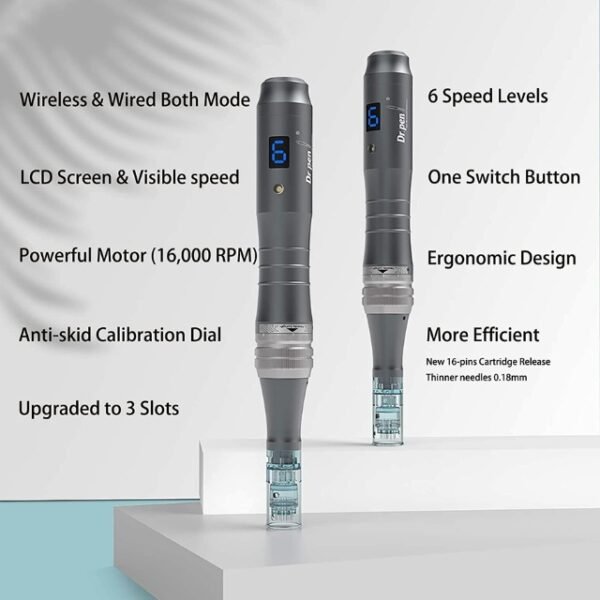 Features of Dr.Pen Ultima M8: Wired, wireless, 6 speeds.