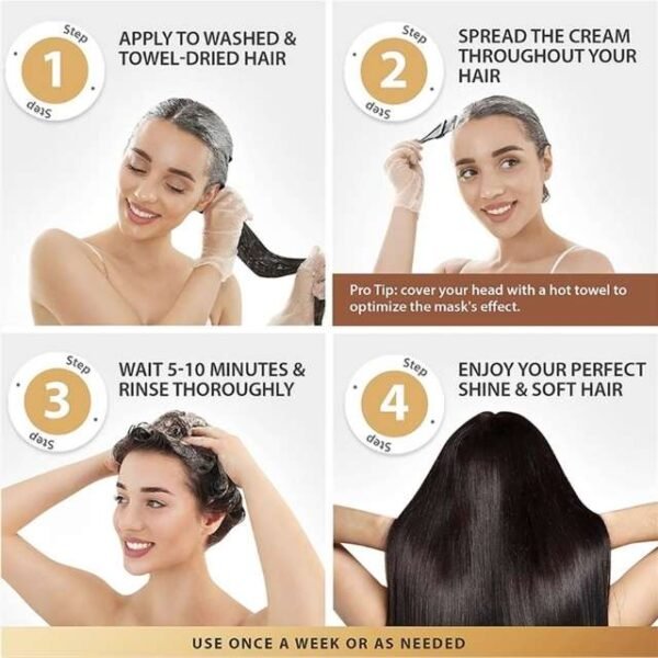 Step-by-step application of Karseell Collagen hair cream for shiny, conditioned hair.