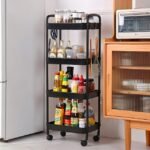 Black kitchen storage stand with movable wheels.