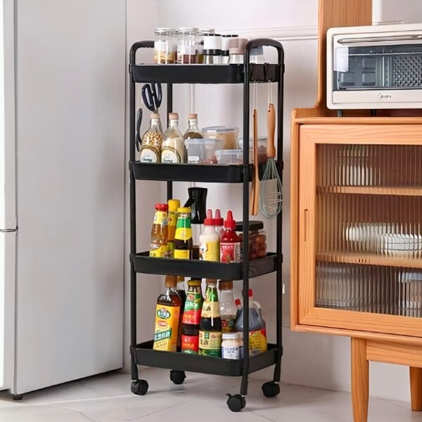 Black kitchen storage stand with movable wheels.