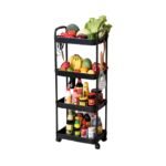 Black kitchen storage stand with 4 layers and wheels.