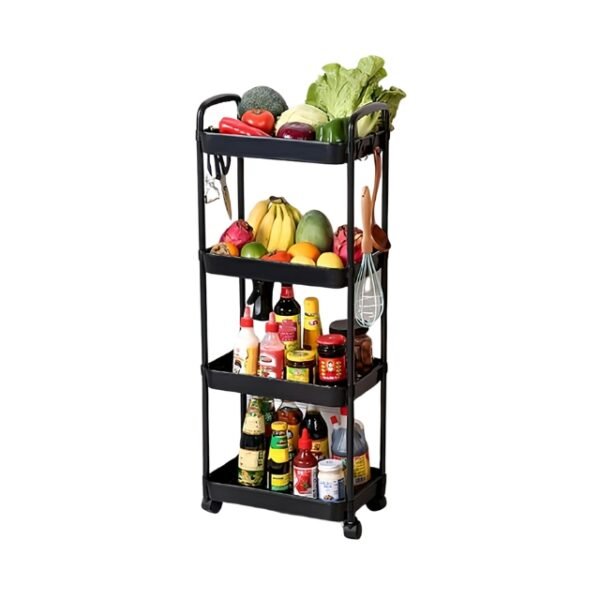 Black kitchen storage stand with 4 layers and wheels.