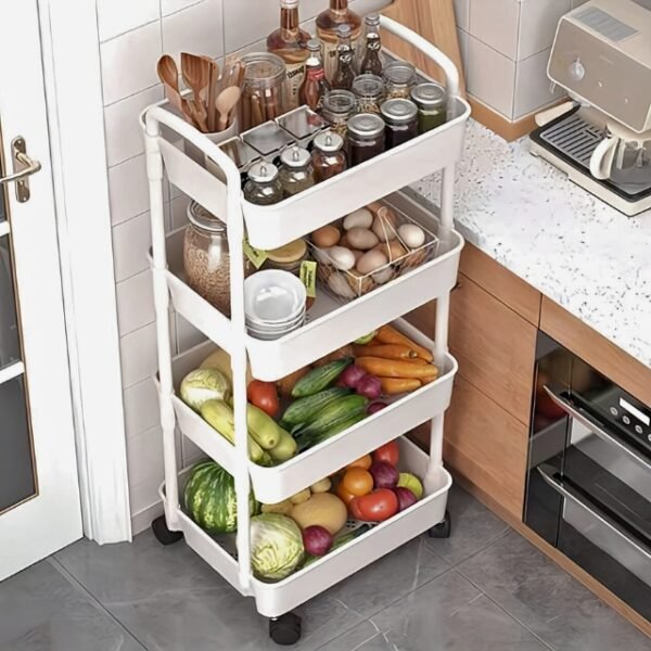 Kitchen storage stand organizing everyday items.