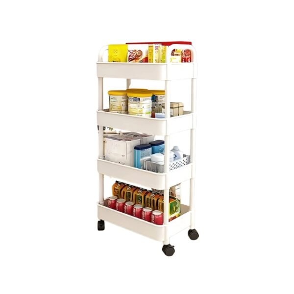 Modern white kitchen storage stand with 4 layers.