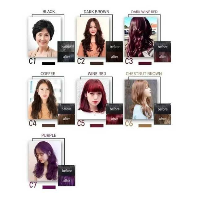 Meidu's hair dye shampoo color options: black, dark brown, coffee, red wine, deep red wine, and purple.