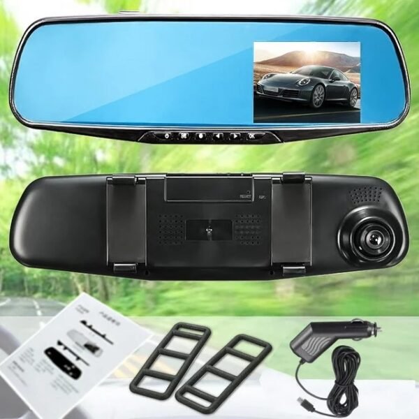 Rear view car mirror comes with charging adapter and mounts for easy installation.