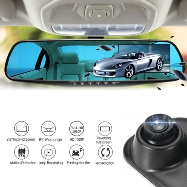 Our rear view car mirror includes a 2.8" HD screen, 90-degree wide angle, 1080p image resolution, motion detection and much more.