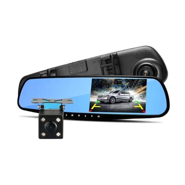 Rear view car mirror with park assist and live loop recording.