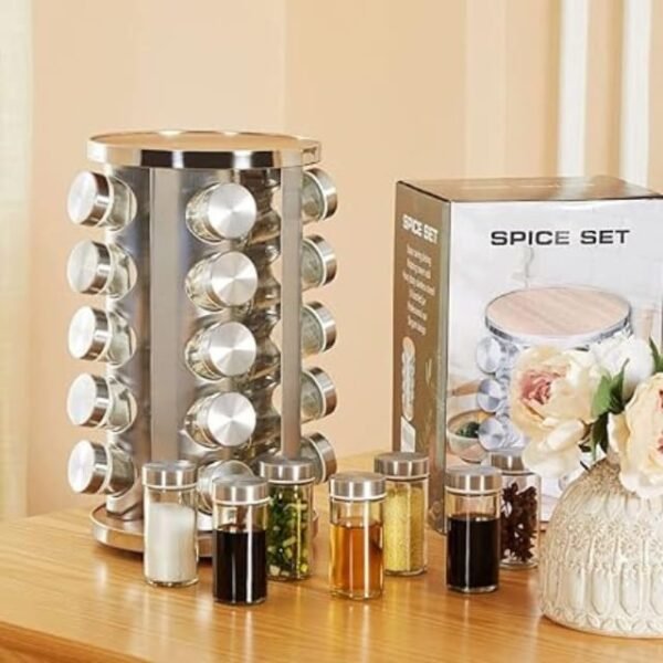 Space-friendly rotating spice rack on kitchen counter, designed for easy seasoning access with 20 jars.