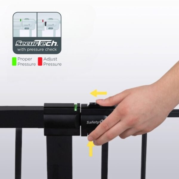 Safety 1st child gate, pressure-installed for quick setup and easy removal.