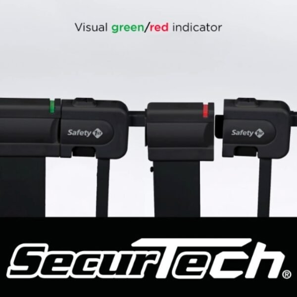 Safety 1st child gate with visual red/green indicator for secure installation.