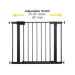 Safety 1st child gate dimensions with adjustable fit, 29-38 inches width, 28 inches high.