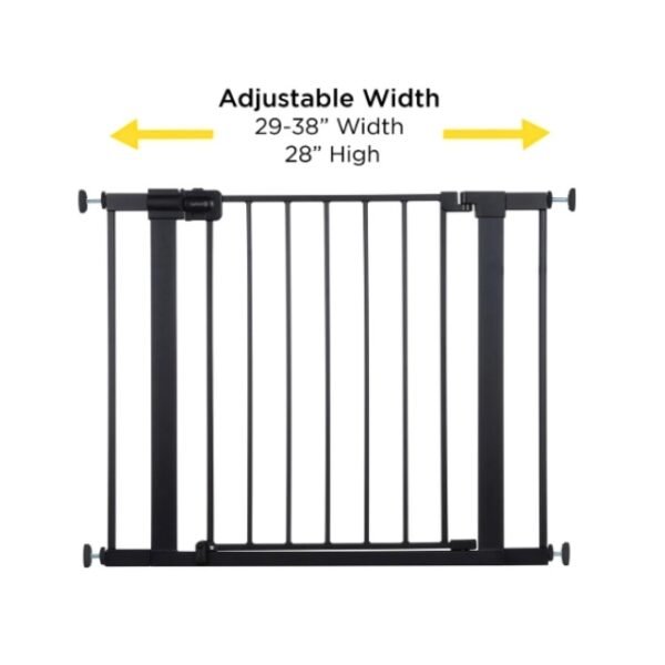 Safety 1st child gate dimensions with adjustable fit, 29-38 inches width, 28 inches high.