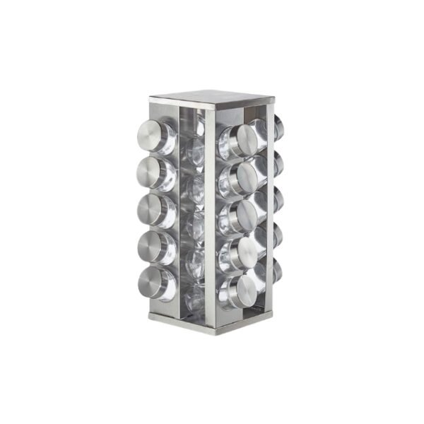 Square stainless steel spice rack with 20 jars, efficient kitchen organization.