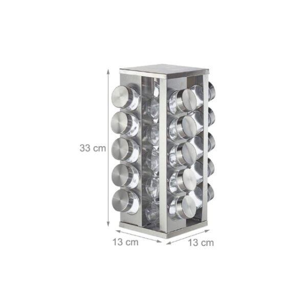 Compact square spice rack with 20 jars, stylish and space-friendly storage.