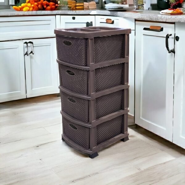 Dark brown vegetable storage rack with 4 drawers for kitchen.