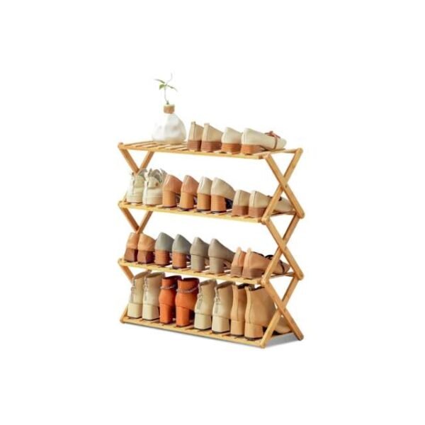 Bamboo 4-Layer shoes rack with vase on white background.