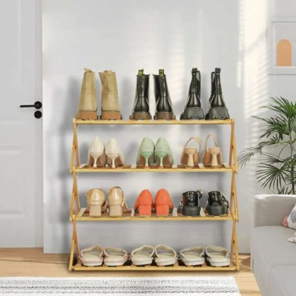 Elegant bamboo shoe rack maximizing space.