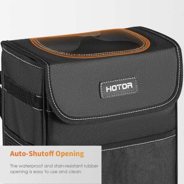 Auto-shutoff opening on HOTOR car trash can, with stain-resistant rubber for easy cleaning.