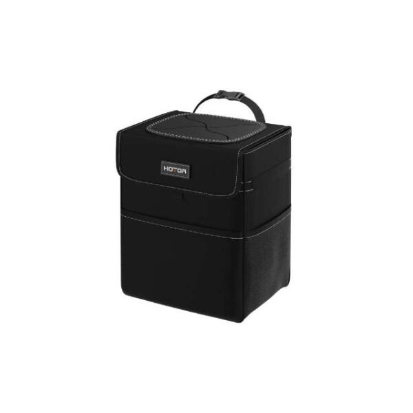 HOTOR car trash can in black, perfect for waste storage and holding snacks/bottles.