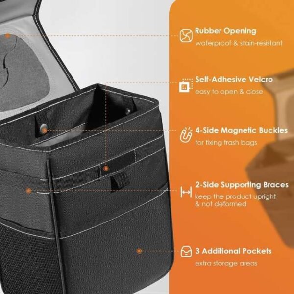 HOTOR car trash can featuring rubber opening, self-adhesive velcro, and magnetic buckles.