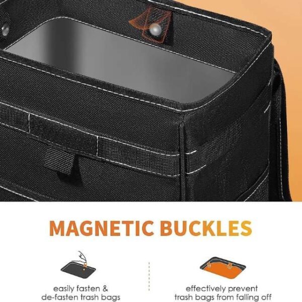 Magnetic buckles on HOTOR car trash can for easy fastening and de-fastening.