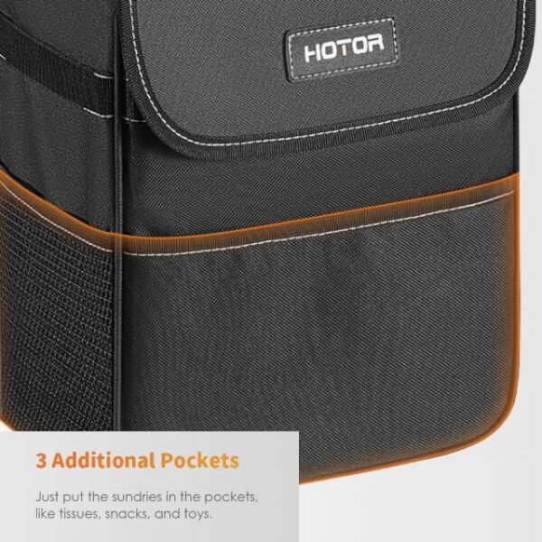 HOTOR car trash can designed with 3 additional pockets for snacks, toys, tissues, and sundries.